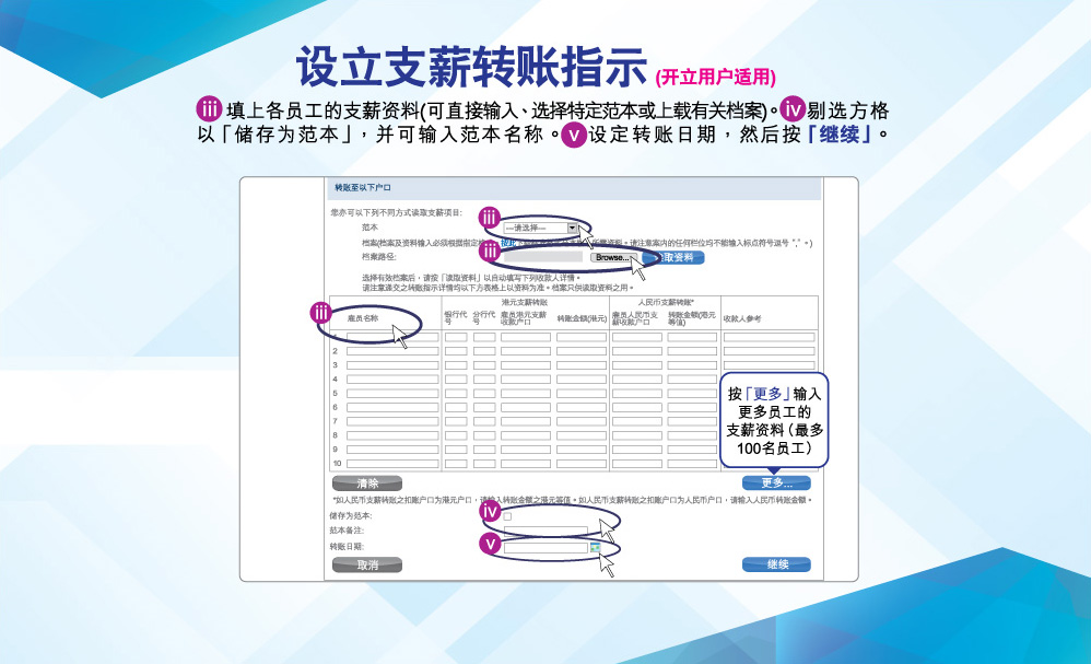 设立支薪转账指示(开立用户适用)
填上各员工的出粮资料(可直接输入、选择特定范本或上载有关档案)。剔选方格以「储存为范本」，并可输入范本名称。设定转账日期，然后按「继续」。