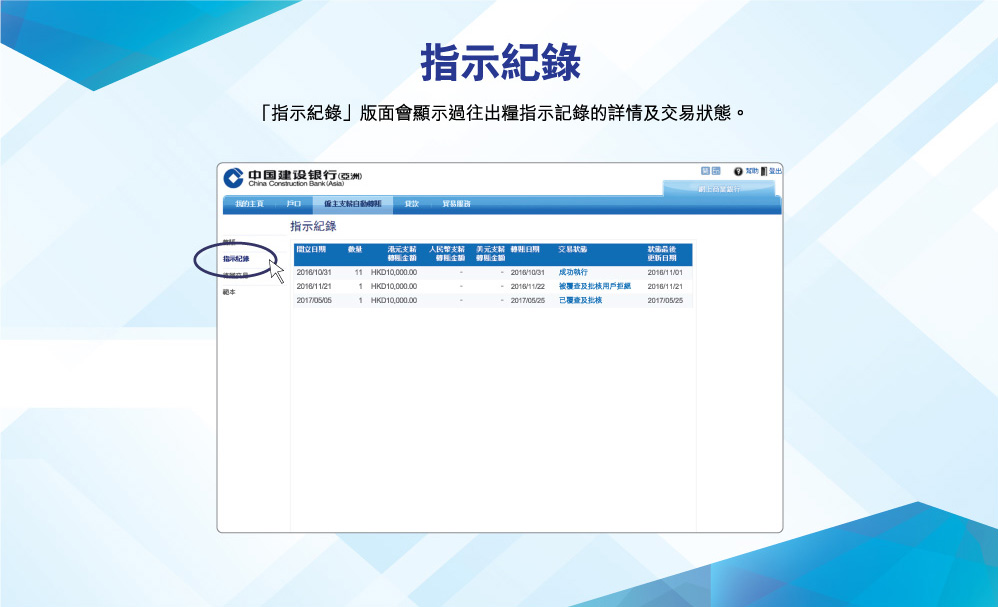 指示紀錄
「指示紀錄」版面會顯示過往出糧指示記錄的詳情及交易狀態。