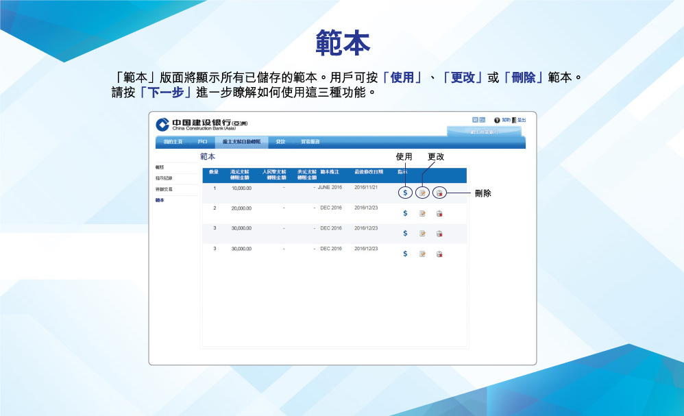 範本
「範本」版面將顯示所有已儲存的範本。用戶可按「使用」、「更改」或「刪除」範本。
請按「下一步」進一步瞭解如何使用這三種功能。